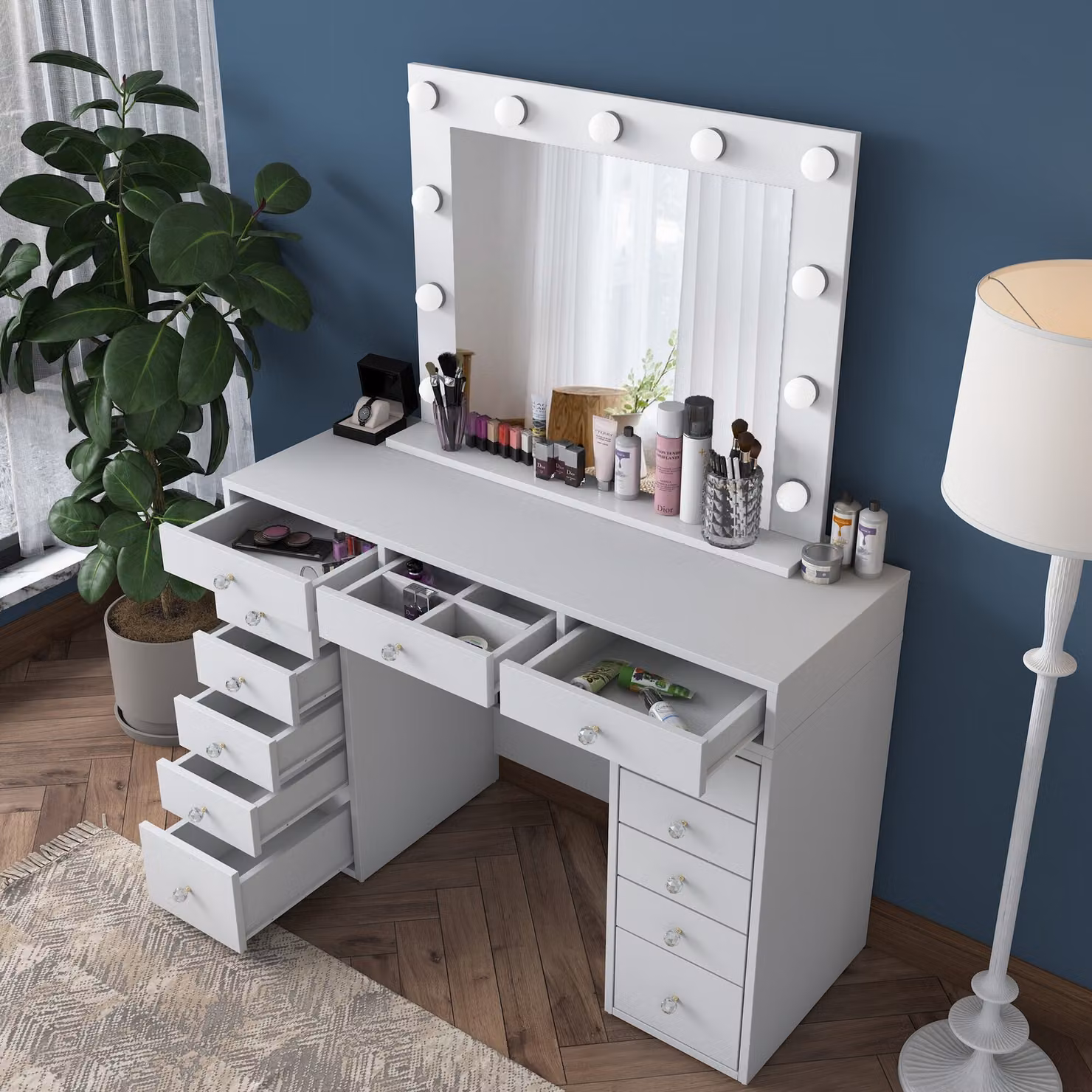 Skye Decor, Comò da trucco di alta qualità, bianco, 120 cm, 11 luci, qualità E1