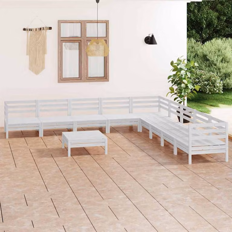 Set Salotto da Giardino vidaXL 10 Pezzi in Legno di Pino Bianco con Cuscini e Forma a L