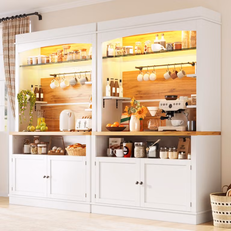 Set di 2 armadietti da cucina Flieks con illuminazione a LED e ripiano aperto, mobile alto 107x43x184 cm, set di 2 armadietti alti, colore bianco