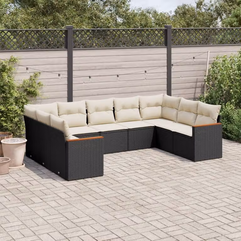 Set di Divani da Giardino vidaXL 9 pz a Forma a U in Polyrattan Nero con Cuscini e Rivestimenti Rimovibili