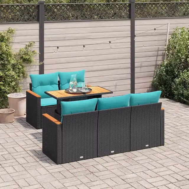 Set Divano da Giardino 6 pz con Cuscini Nero in Polyrattan 3327438