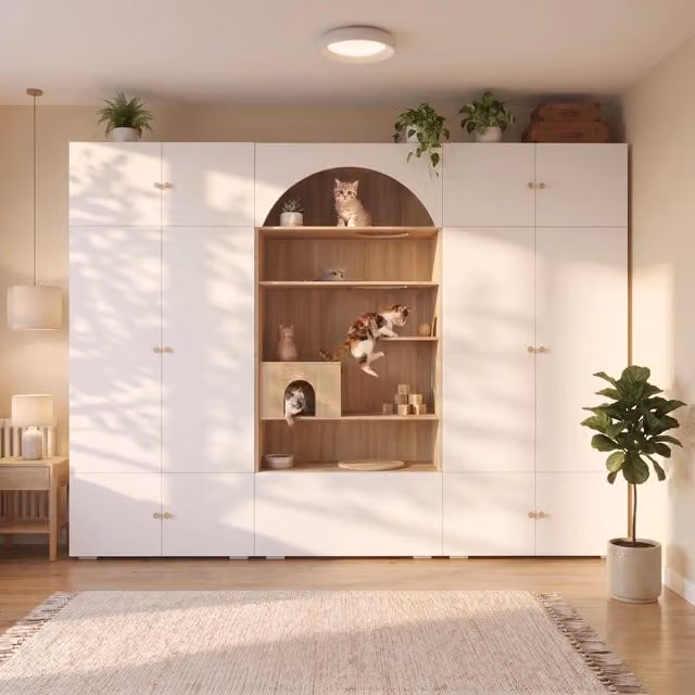 Set guardaroba 3 in 1 con area per gatti e parete da arrampicata 270x50x200 cm bianco effetto legno