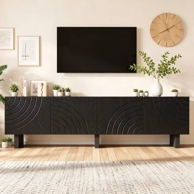 Mobile porta TV moderno OKWISH in legno nero opaco per soggiorno, con 4 ante e portata fino a 30 kg, adatto per TV fino a 75 pollici, L: 180 cm, P: 40 cm, H: 55 cm
