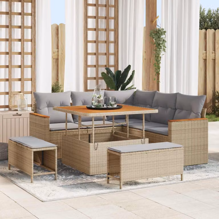 Set Divano da Giardino vidaXL 8 Pezzi in Polyrattan Beige con Cuscini e Tavolino da Esterno
