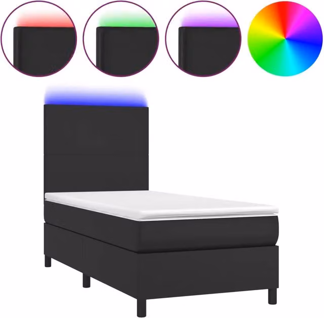 Letto singolo | Letto per adulti | Giroletto a Molle con Materasso e LED Nero 90x190 cm Similpelle