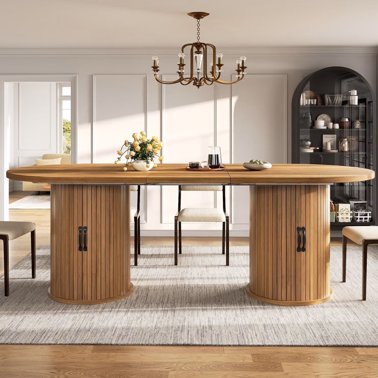 Tavolo allungabile con maniglie in metallo, tavolo da cucina versatile con vano contenitore nascosto, dimensioni: 149,8-189,7 x 80 x 75 cm, colore marrone scuro