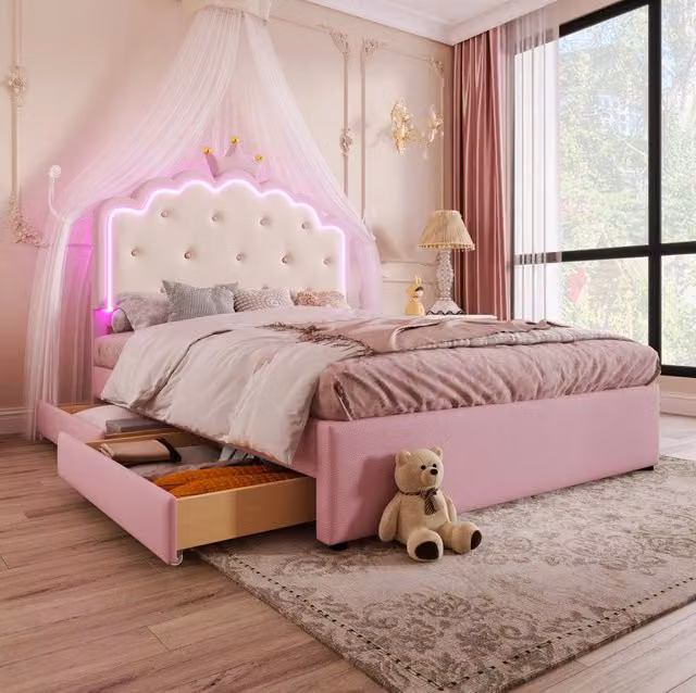 Letto imbottito ULEVR 140x200 cm rosa con letto estraibile, 2 cassetti, LED con telecomando e rete a doghe