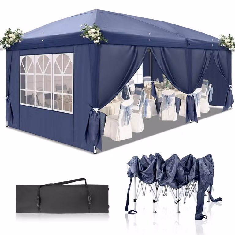 Gazebo da esterno 3x6 metri, colore blu, con 6 pannelli laterali, impermeabile, protezione UV 50+, tessuto Oxford 420D