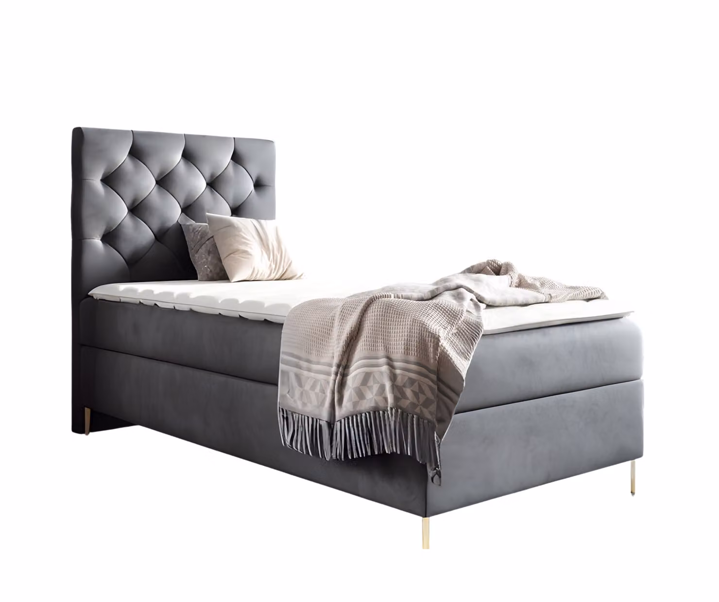 Letto imbottito GUTTO modello LIDIA, dimensioni 90 x 200 cm. Include contenitore portaoggetti, materasso topper da 5 cm, rivestito in velluto grigio con gambe dorate