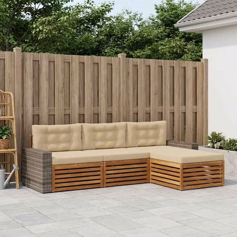 Set di divani da esterno vidaXL 4 pezzi a forma di L in legno di acacia con pouf e cuscini, Colore Beige e Sabbia