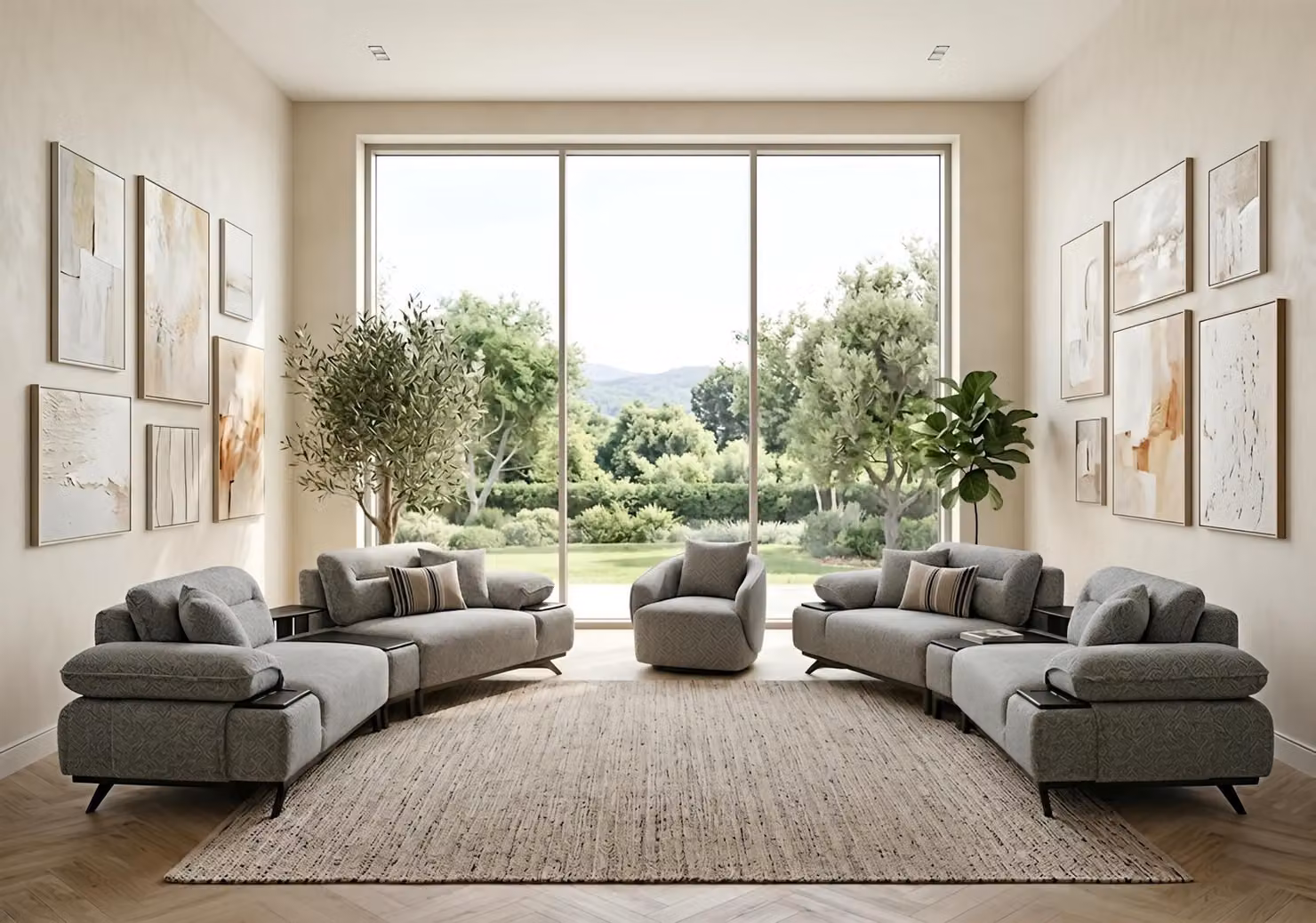 Divano componibile 3 posti, poltrona, design moderno, grigio, elegante, lussuoso, set di mobili