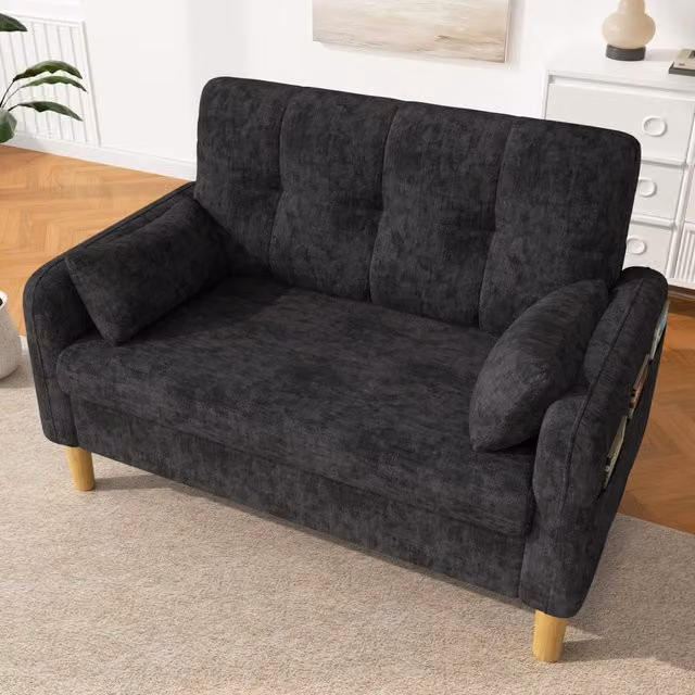 Moderno divano a due posti con cuscini spessi e morbidi, 2 cuscini decorativi e una tasca laterale portaoggetti, ideale per soggiorni, camere da letto