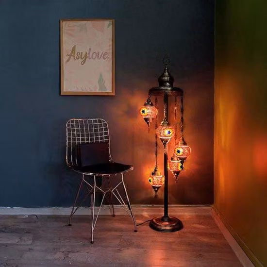 Lampada da terra turca con 5 vetri mosaico realizzati a mano – Lampada da terra orientale multicolore