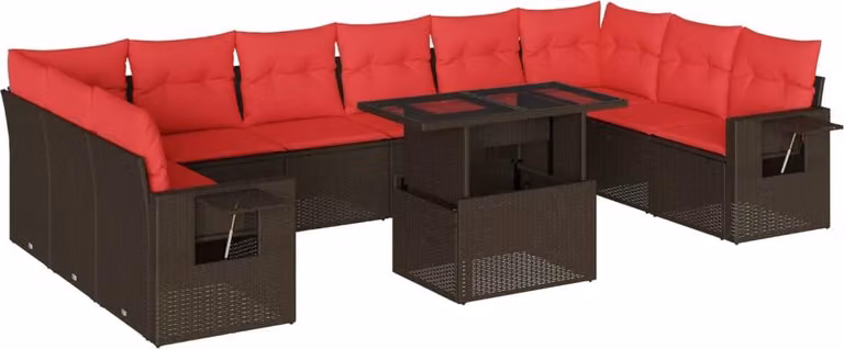 Set Divani da Giardino 11 pz con Cuscini Marrone in Polyrattan
