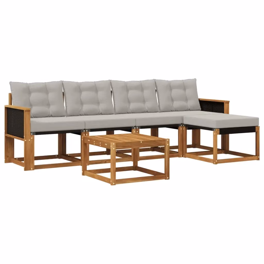 Set di divani da esterno a L vidaXL in legno di acacia con pouf e tavolino, beige e grigio – 2