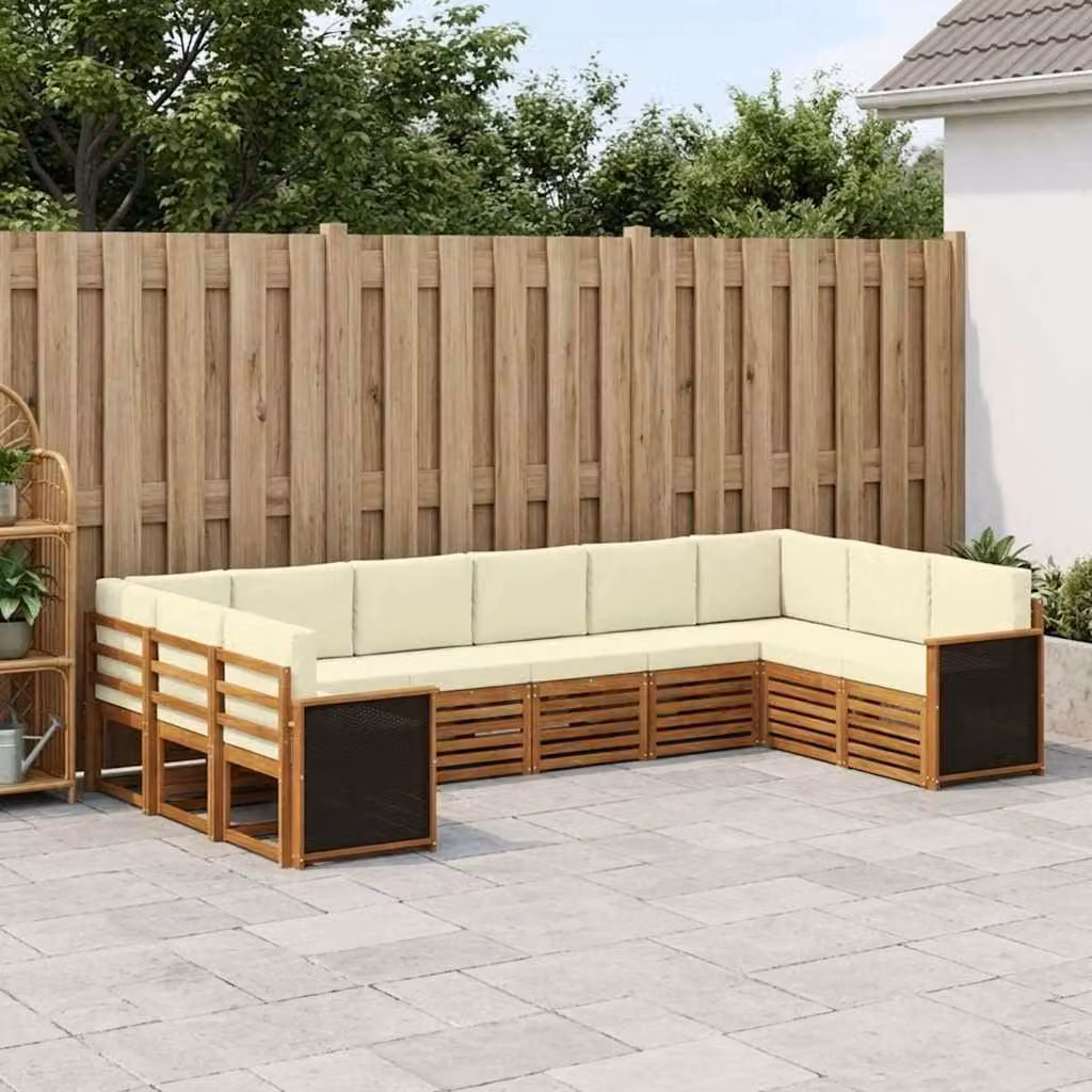 Set di divani da esterno vidaXL a forma di L composto da 7 pezzi in legno di acacia con cuscini inclusi, colore beige, bianco e marrone