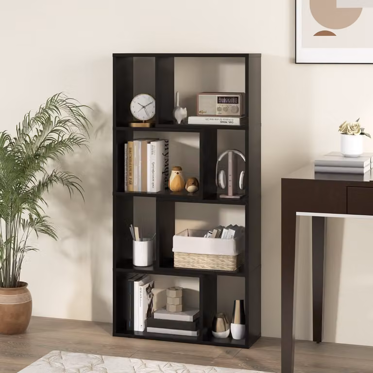 Libreria geometrica moderna Costway con 4 ripiani e 8 cubi in legno, organizzatore da soggiorno nero, L: 120 cm