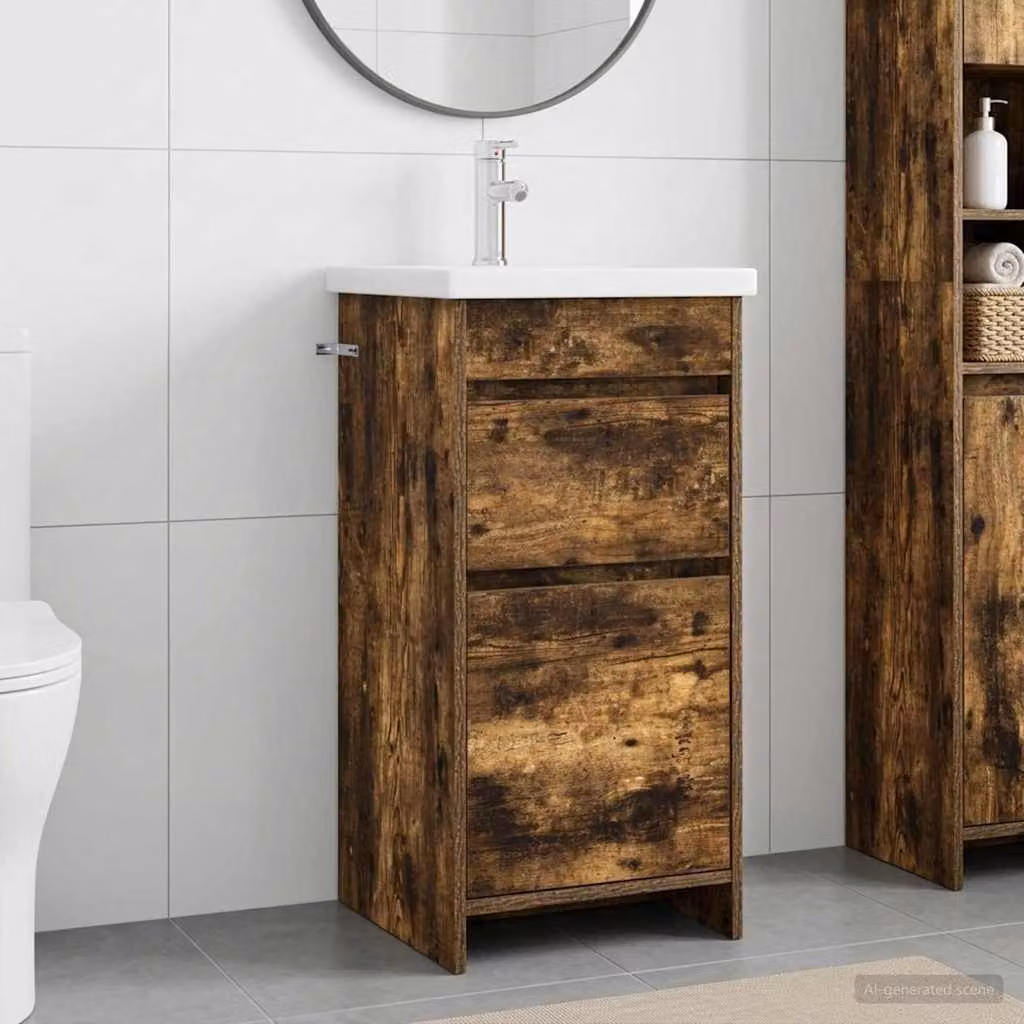 Mobile da bagno con lavabo vidaXL in Rovere Fumo, design minimalista con ante e cassetti, L: 42 cm, P: 40 cm, H: 84,5 cm