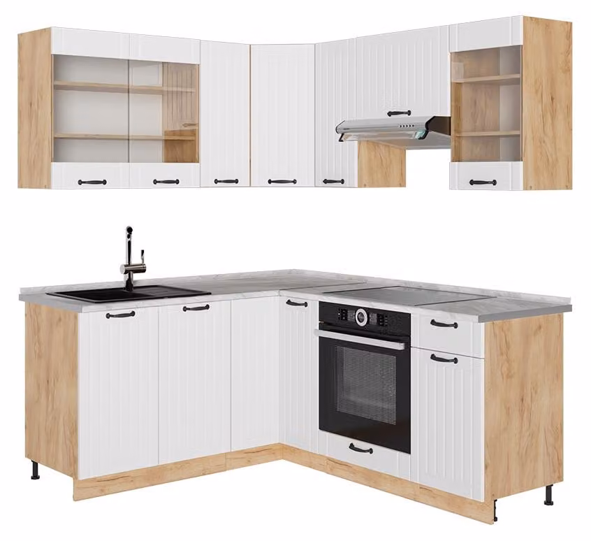 Cucina angolare completa Vicco Fame-Line Bianco rustico/Rovere dorato 190 x 160 cm, PL Marmo, Model 57282