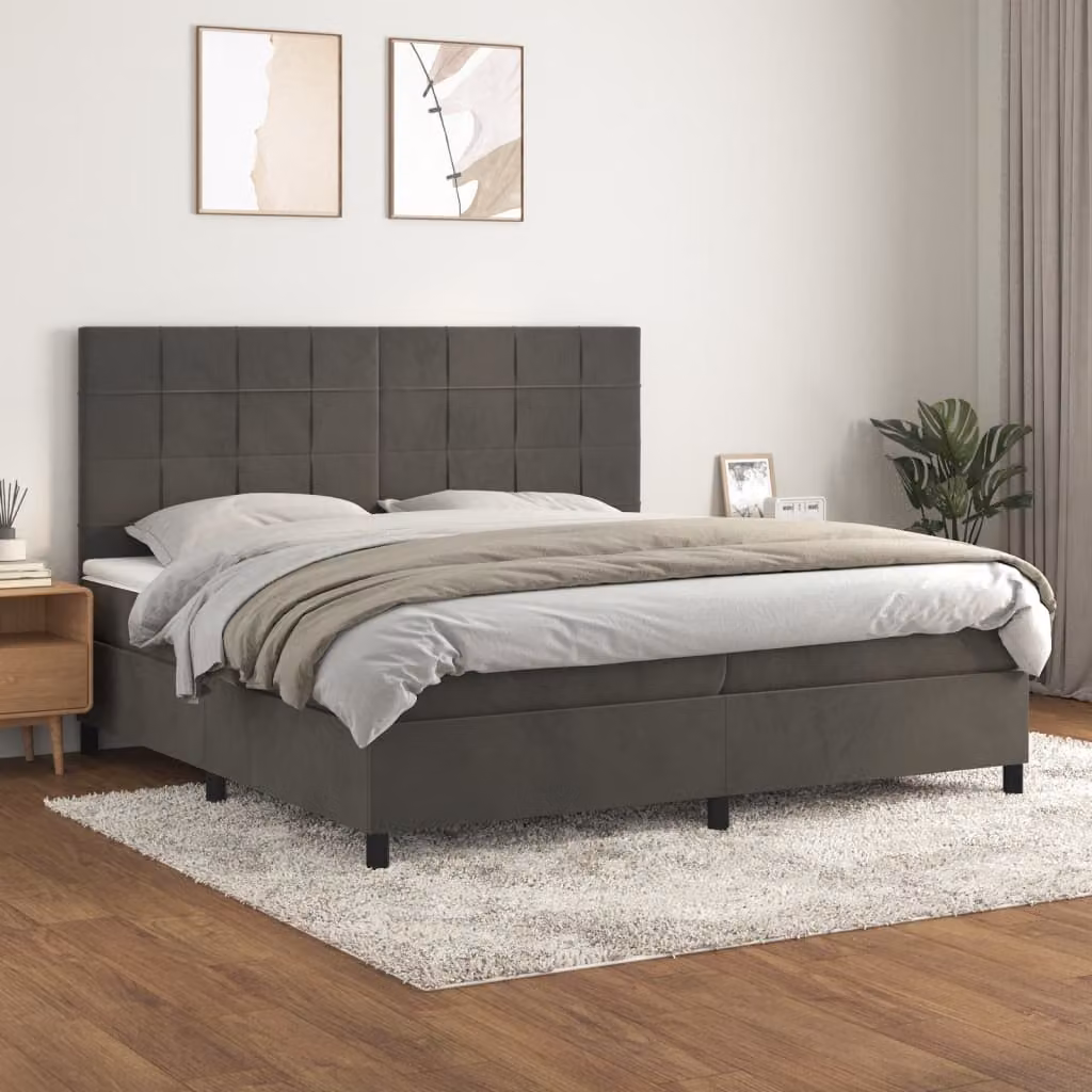 Letto Ibrido vidaXL con Giroletto a Molle e Materasso in Velluto Grigio e Bianco L/P/H: 200 x 200 x 203 cm