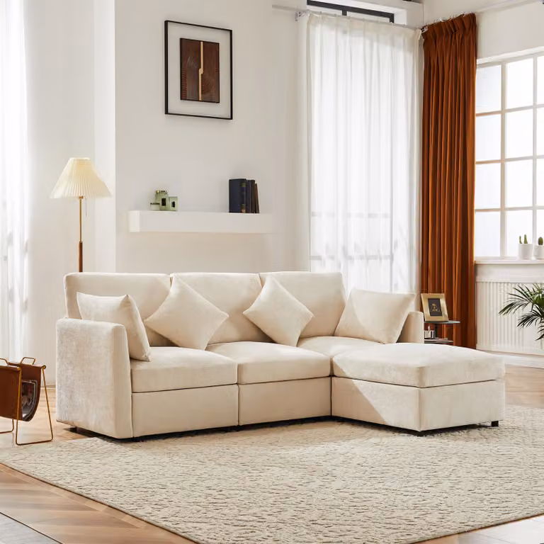 Divano angolare Merax, divano a L con funzione letto, divano 3-4 posti Soffa con 4 cuscini, divano da salotto, set di divani, tessuto ciniglia, beige