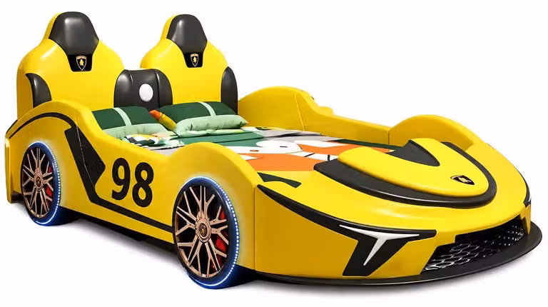 Letto a forma di auto giallo, con luci LED e connessione Bluetooth, adatto a bambini di entrambi i sessi