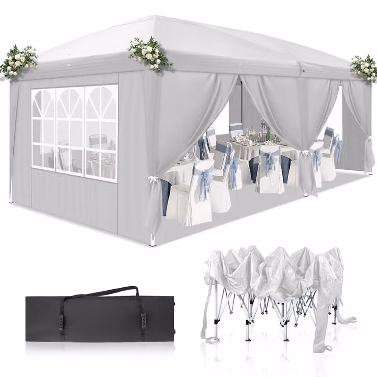 Gazebo da esterno 3x6 metri, colore bianco, con 6 pannelli laterali, impermeabile, protezione UV 50+, tessuto Oxford 420D
