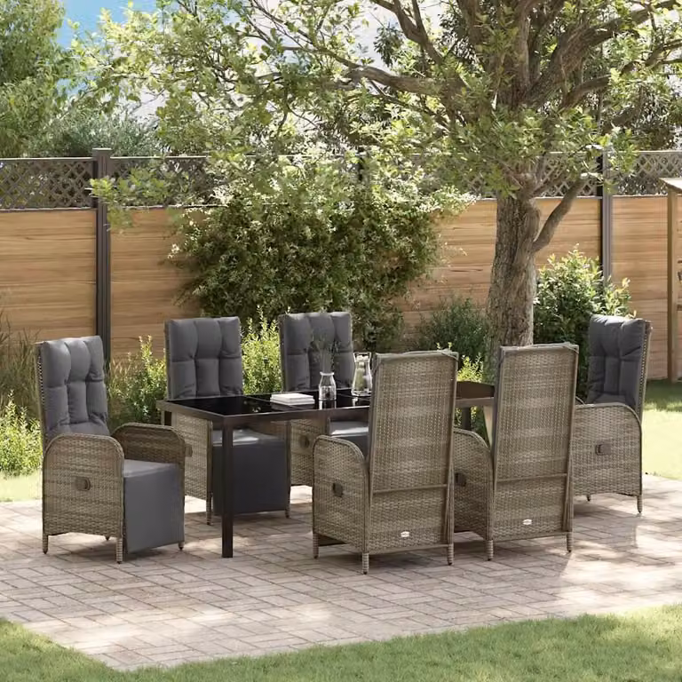Set da pranzo per giardino e terrazza vidaXL in polyrattan e vetro, 7 pezzi, Grigio