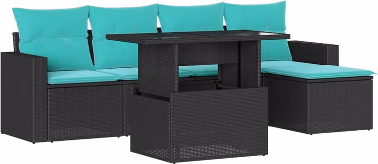set di 6 divani da giardino con cuscini, in polyrattan nero