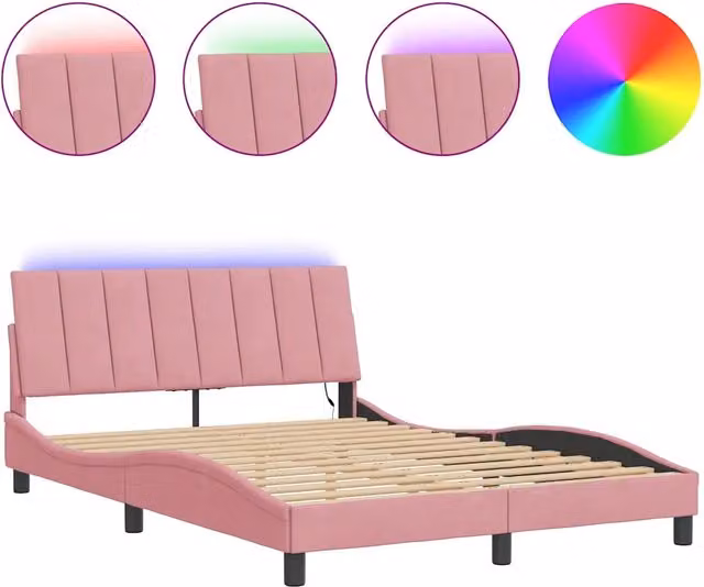 Letto matrimoniale | Letto per adulti | Giroletto con LED senza Materasso Hanko Rosa 140x190 cm in Velluto