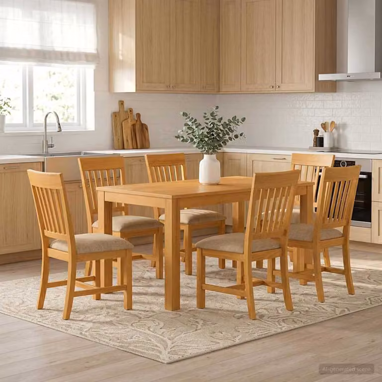 Set da pranzo vidaXL in legno di quercia massello beige composto da 7 pezzi con tavolo rettangolare L: 150 cm, P: 110 cm, H: 75 cm e 6 sedie