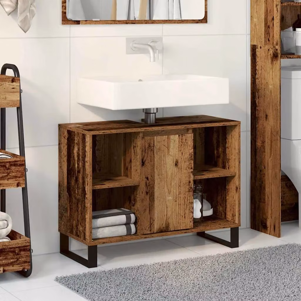 Mobile da bagno vidaXL in legno effetto antico marrone con ante a battente e ripiani interni L: 80 cm, P: 33 cm, H: 60 cm