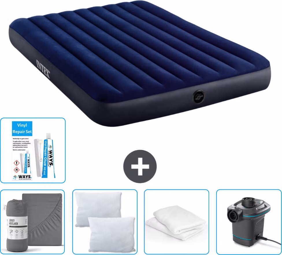 Letto gonfiabile Intex - 2 persone - 152 x 203 x 25 cm - blu - lenzuolo incluso - bacio - pompa - set di riparazione e protezione per cuscini