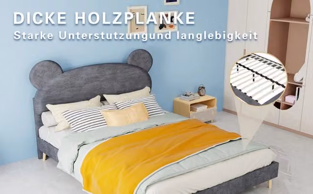 Letto imbottito moderno 140×200 cm in tessuto grigio con testiera a orecchie di orso, base bassa senza contenitore, senza materasso