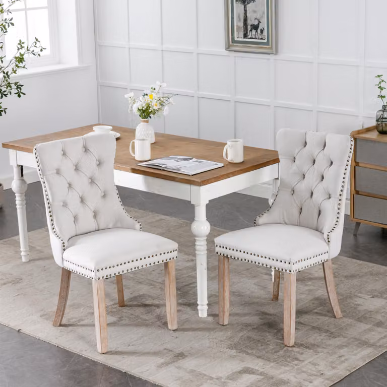 Sedia da pranzo, sedia da pranzo di alta qualità in legno massello in stile moderno con rivestimento in lino, gambe in legno e chiodi decorativi, set di 2 pezzi