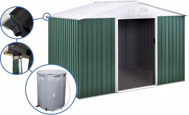 Capanno da giardino in metallo HABITAT ET JARDIN Rosas da 7,06 m² con grondaia e serbatoio per il recupero dell'acqua, disponibile in verde, bianco o grigio