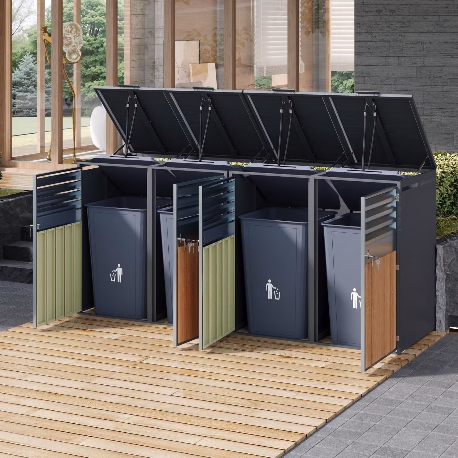 STILVORA: box per bidoni della spazzatura a quattro scomparti con coperchio ribaltabile ad apertura assistita idraulica, armadio per bidoni della spazzatura con prese d'aria e telaio in acciaio zincato, box per bidoni della spazzatura a quattro ante con c