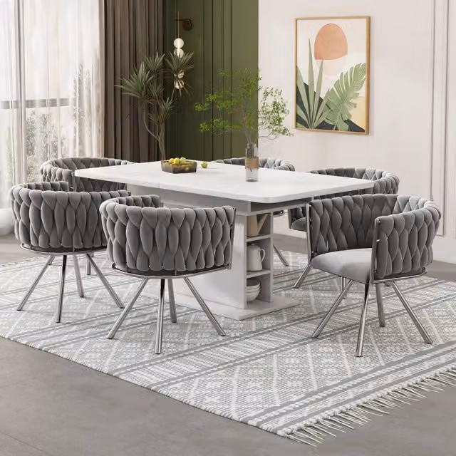 Set 6 sedie da pranzo girevoli 360° in velluto grigio con struttura in metallo