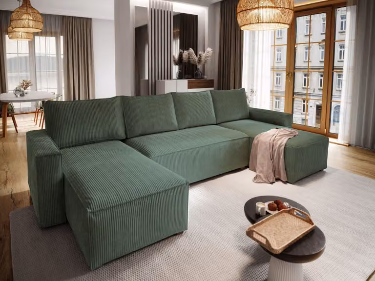 Divano angolare Masseno ASPRA con funzione letto a U, divano con box letto, divano da salotto, divano, divano, divano letto, set di divani - verde, POSO 14