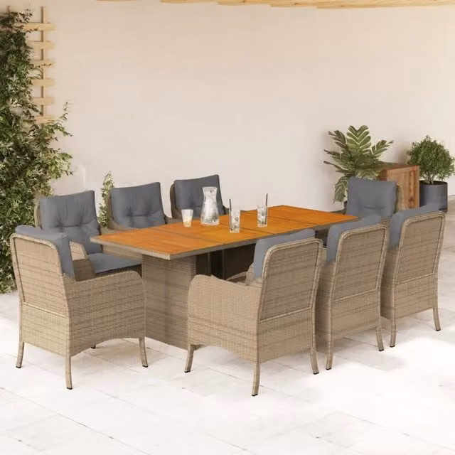 Set da Pranzo da Giardino vidaXL in Polyrattan e Legno di Acacia con 9 Cuscini Beige, Marrone e Grigio – 1