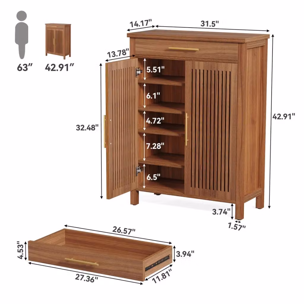 Scarpiera REDOM in stile rustico con ante a roll shutter e ripiani interni, in MDF e metallo, Marrone – 2