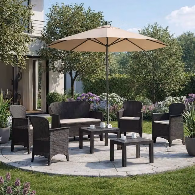 Set Salotto da Esterno Curno DMORA per 6 Posti, Nero Antracite con Poltrone, Divano e Tavolino da Giardino