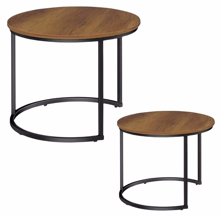 Set Di Tavolini Rotondi 2-in-1 Vintage In Legno Naturale 70x50cm 45x44cm