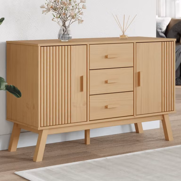 Credenza OLDEN vidaXL in legno massello di pino cerato, Marrone/Beige, L 114 x P 43 x H 73,5 cm