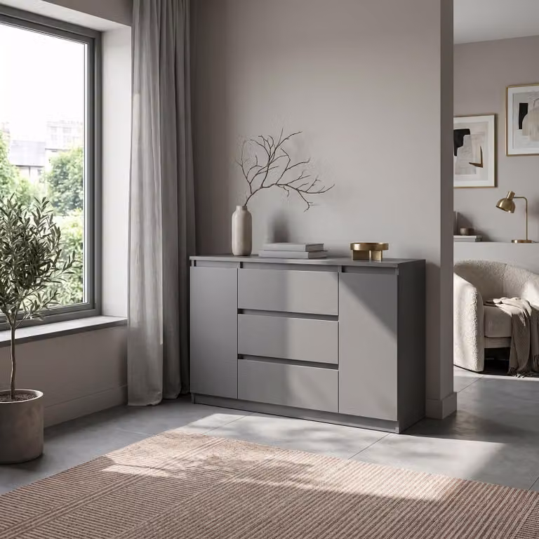 Comodà Masseno NUDO da 120 cm con 3 cassetti e 2 ante per soggiorno e camera da letto, stile moderno, 120x39x78,5 cm, antracite / antracite