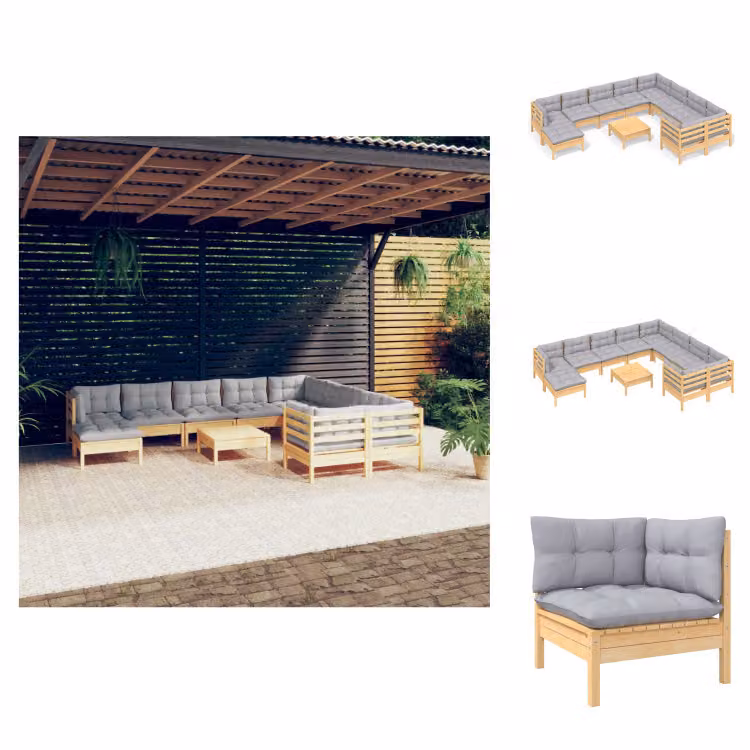 vidaXL set salotto da giardino 11 pezzi con cuscini grigi in legno di pino - Set di mobili da giardino