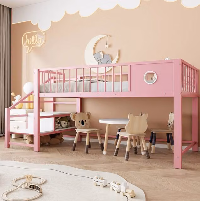 Letto a soppalco 90x200 cm con scala contenitore e vano sottostante in metallo rosa