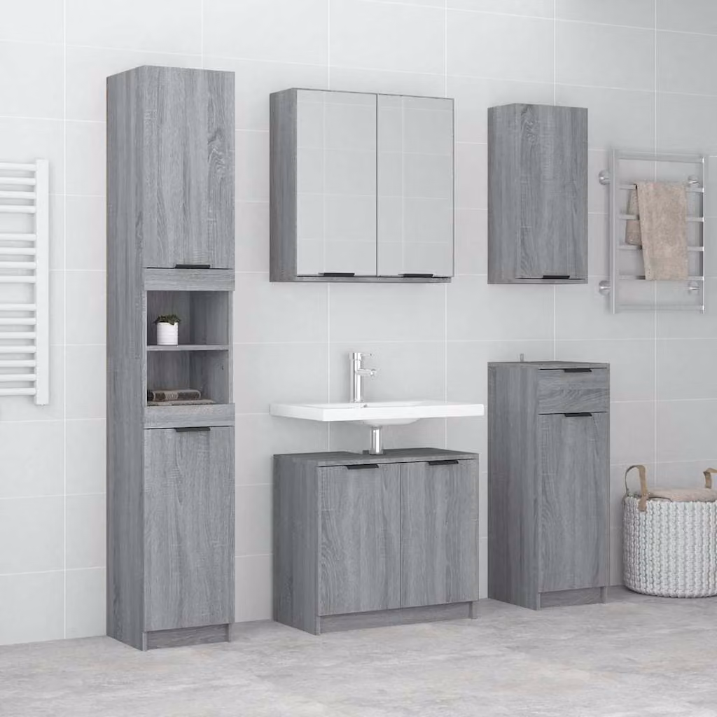 Set di mobili da bagno vidaXL 5 pezzi in legno multistrato grigio con specchio e illuminazione LED