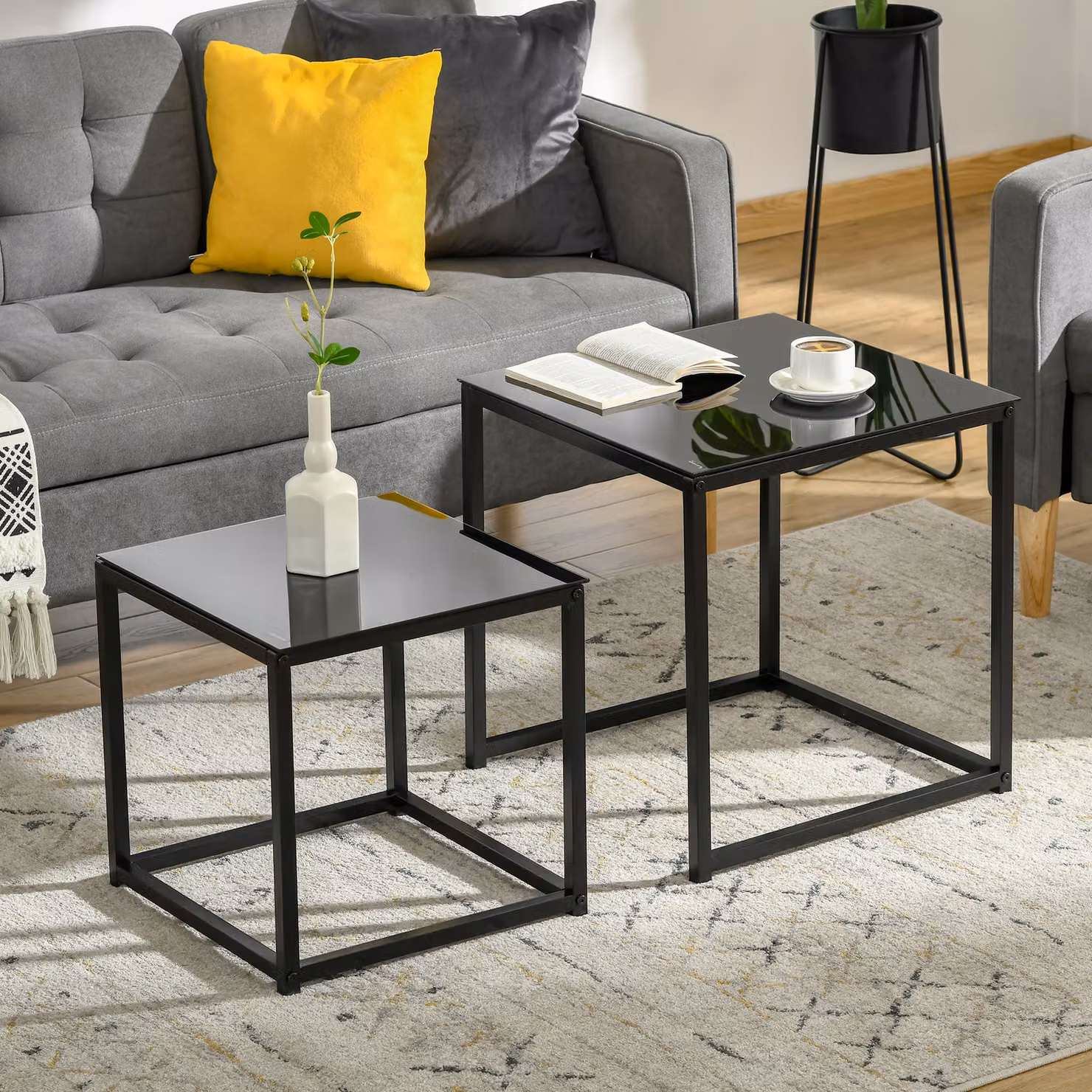 Set di 2 tavolini da salotto moderni HOMCOM in vetro temperato nero e acciaio – 2