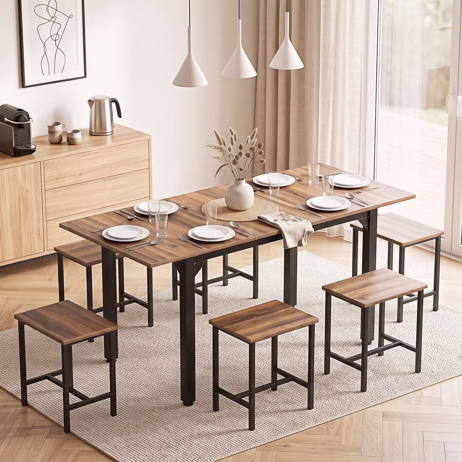 Set da pranzo HOMCOM composto da 7 pezzi per 4-6 persone, tavolo rettangolare allungabile in stile industriale, colore nero e noce – 2